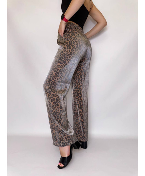 Коричневі штани з тканини крістал із анімалістичним принтом